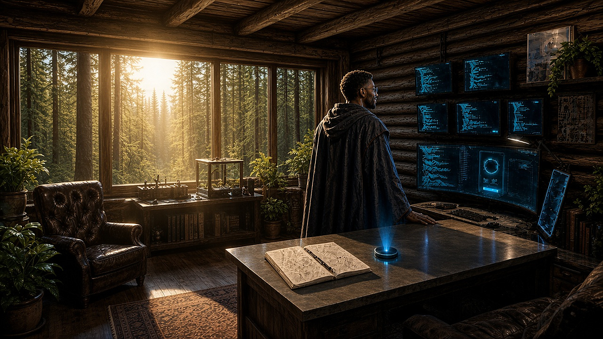 Caelum Mercer in dark robes standing in his cyber-cabin lab during the day