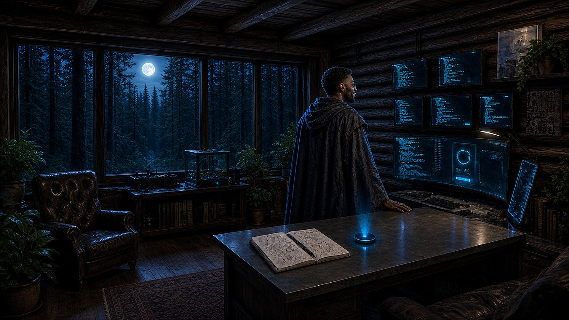 Caelum Mercer in dark robes standing in his cyber-cabin lab at night