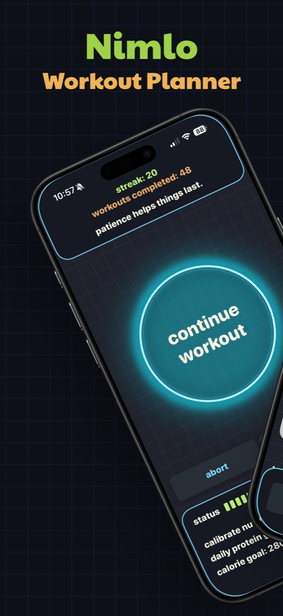 Nimlo home screen with continue workout circle